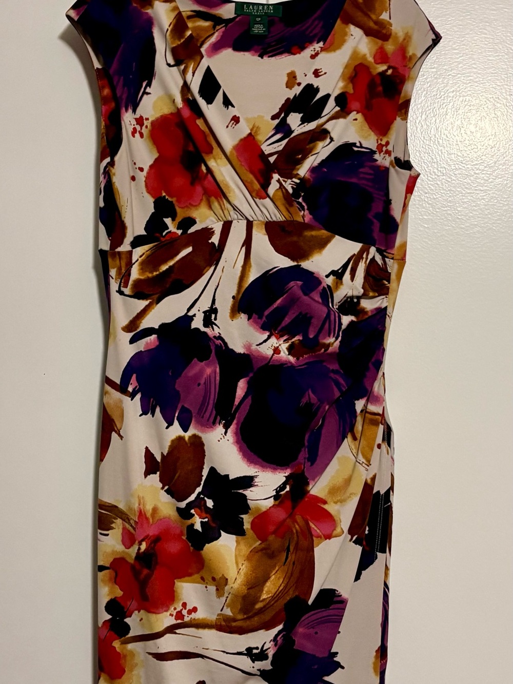 Lauren Ralph Lauren Cream Sheath Dress with Purple, Red and Gold Floral Print